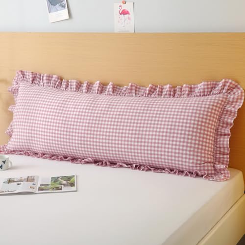 Silnuo Vintage Pink/White Plaid Ruffled Body Pillow Cover Washed Cotton Farmhouse Checkered Gingham 1 Piece Pillowcase for Living Room 20"x54" - Image 1