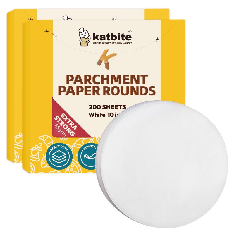 Katbite 10 Inch Parchment Paper Rounds 400Pcs Round Parchment Paper for Cake Baking Air Fryer Liners Freezing Tortilla Press2 Pack of 200Pcs