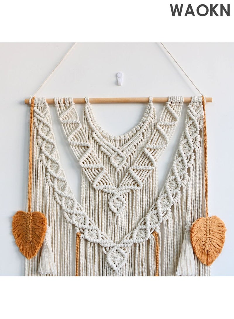 دبليو أيه أو كي أن قماش جداري بوهو مصنوع يدويًا من القطن باللونين البيج والأصفر، منسوج هندسيًا مع زخارف شرابة، ديكور جداري بوهيمي عتيق لغرفة النوم وغرفة المعيشة والشقق والحضانة - Image 3