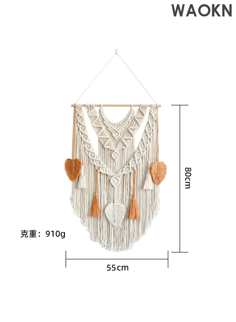 دبليو أيه أو كي أن قماش جداري بوهو مصنوع يدويًا من القطن باللونين البيج والأصفر، منسوج هندسيًا مع زخارف شرابة، ديكور جداري بوهيمي عتيق لغرفة النوم وغرفة المعيشة والشقق والحضانة - Image 2