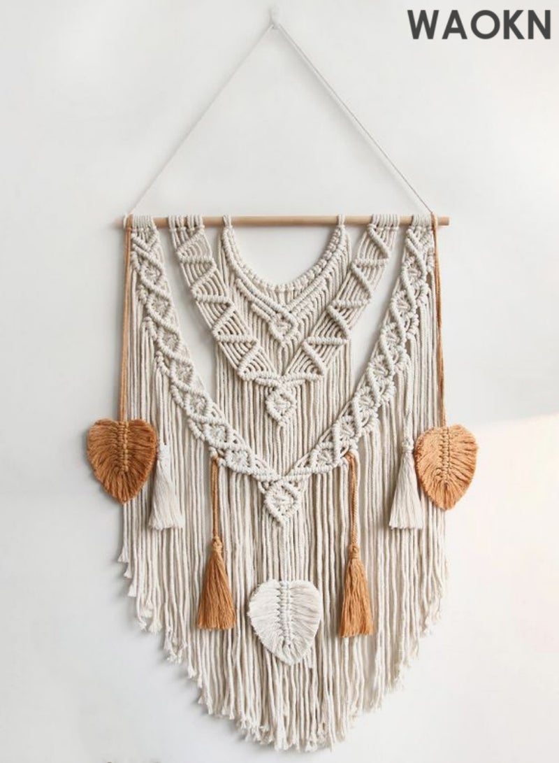 دبليو أيه أو كي أن قماش جداري بوهو مصنوع يدويًا من القطن باللونين البيج والأصفر، منسوج هندسيًا مع زخارف شرابة، ديكور جداري بوهيمي عتيق لغرفة النوم وغرفة المعيشة والشقق والحضانة - Image 1