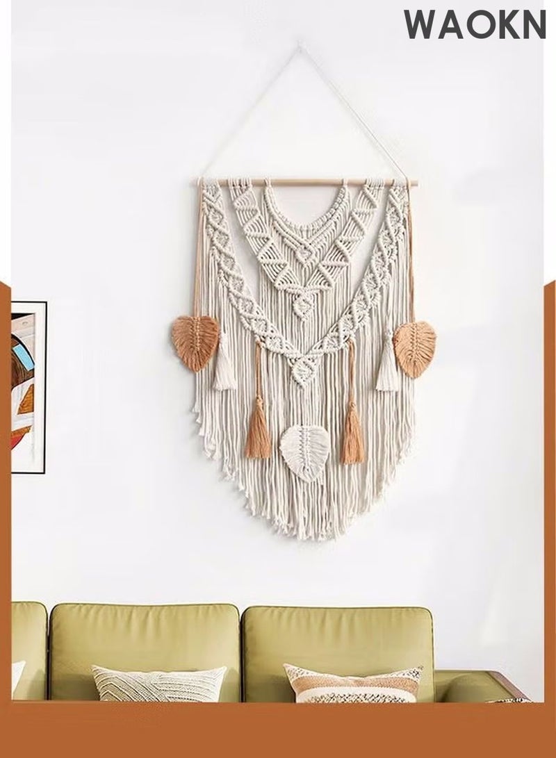 دبليو أيه أو كي أن قماش جداري بوهو مصنوع يدويًا من القطن باللونين البيج والأصفر، منسوج هندسيًا مع زخارف شرابة، ديكور جداري بوهيمي عتيق لغرفة النوم وغرفة المعيشة والشقق والحضانة - Image 4