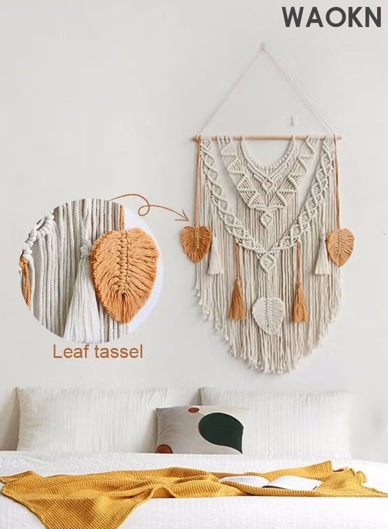 دبليو أيه أو كي أن قماش جداري بوهو مصنوع يدويًا من القطن باللونين البيج والأصفر، منسوج هندسيًا مع زخارف شرابة، ديكور جداري بوهيمي عتيق لغرفة النوم وغرفة المعيشة والشقق والحضانة - Image 5