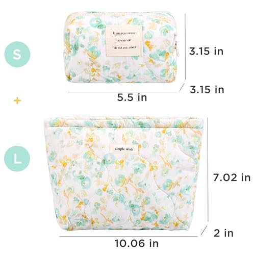 Sminra 2 Pcs Floral Makeup Bag Large Travel Cotton Quilted Cosmetic Makeup Bag Organizer, Cute Coquette Aesthetic Zipper Portable Pouch Purse Storage Toiletry Bag for Women Girls accessories - Image 2
