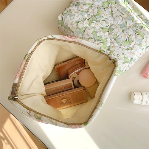 Sminra 2 Pcs Floral Makeup Bag Large Travel Cotton Quilted Cosmetic Makeup Bag Organizer, Cute Coquette Aesthetic Zipper Portable Pouch Purse Storage Toiletry Bag for Women Girls accessories - Image 4