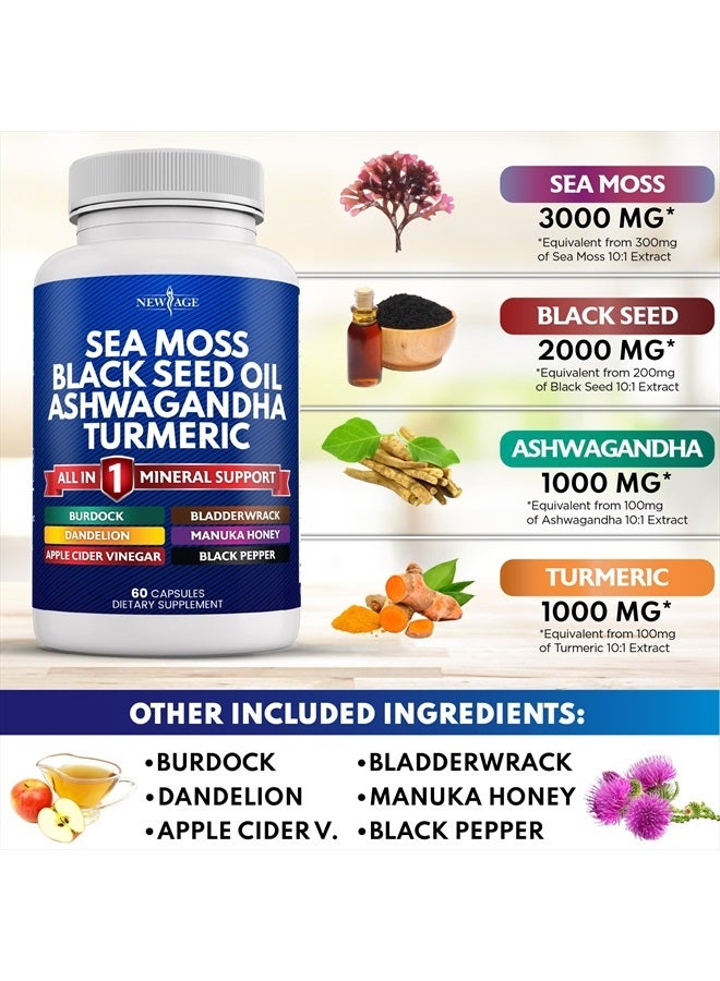 New Age Sea Moss 3000mg Black Seed Oil 2000mg Ashwagandha 1000mg Turmeric 1000mg Bladderwrack 1000mg Burdock 1000mg- with Manuka, Honey Dandelion, ACV Black Pepper Gluten Free - Image 3