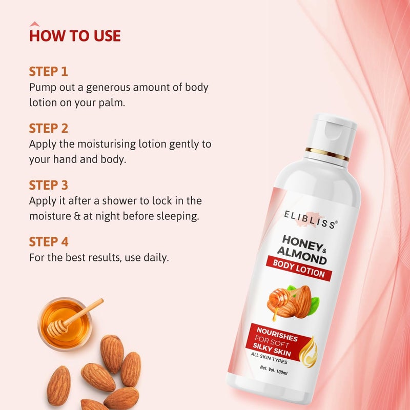ELIBLISS Honey & Almond Body Lotion, Nourishing for Soft Silky Skin, All Skin Types, 100ml - Image 4