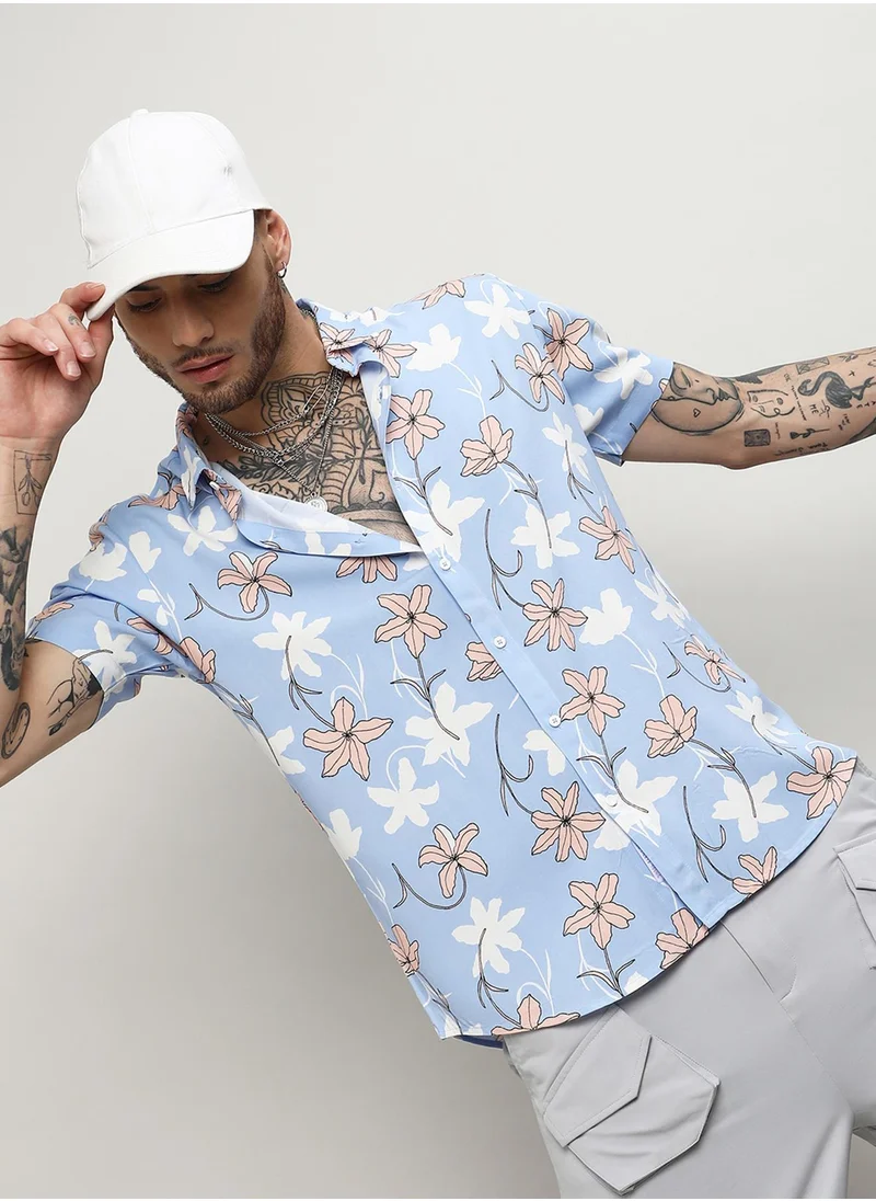 كامبوس سوترا Men's Sky Blue Airy Flower Shirt
