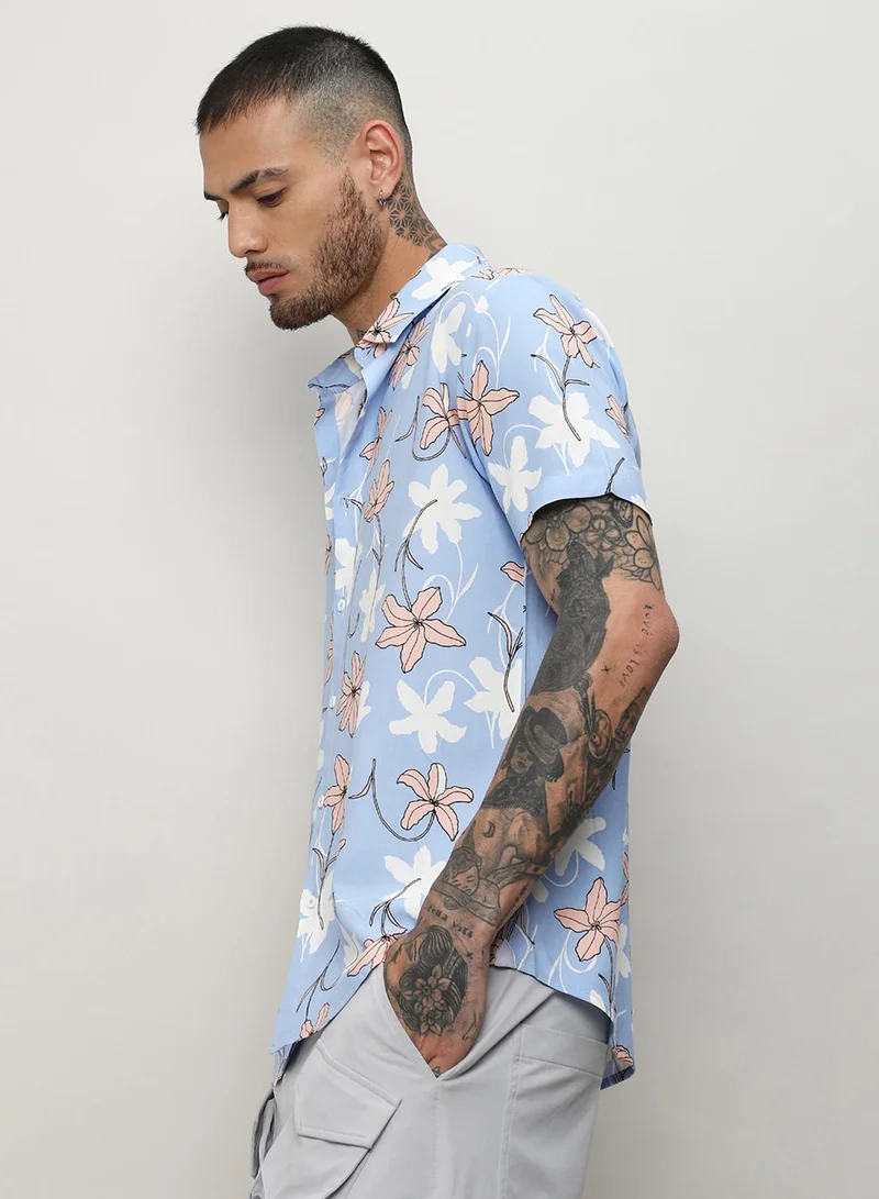 Campus Sutra Men's Sky Blue Airy Flower Shirt