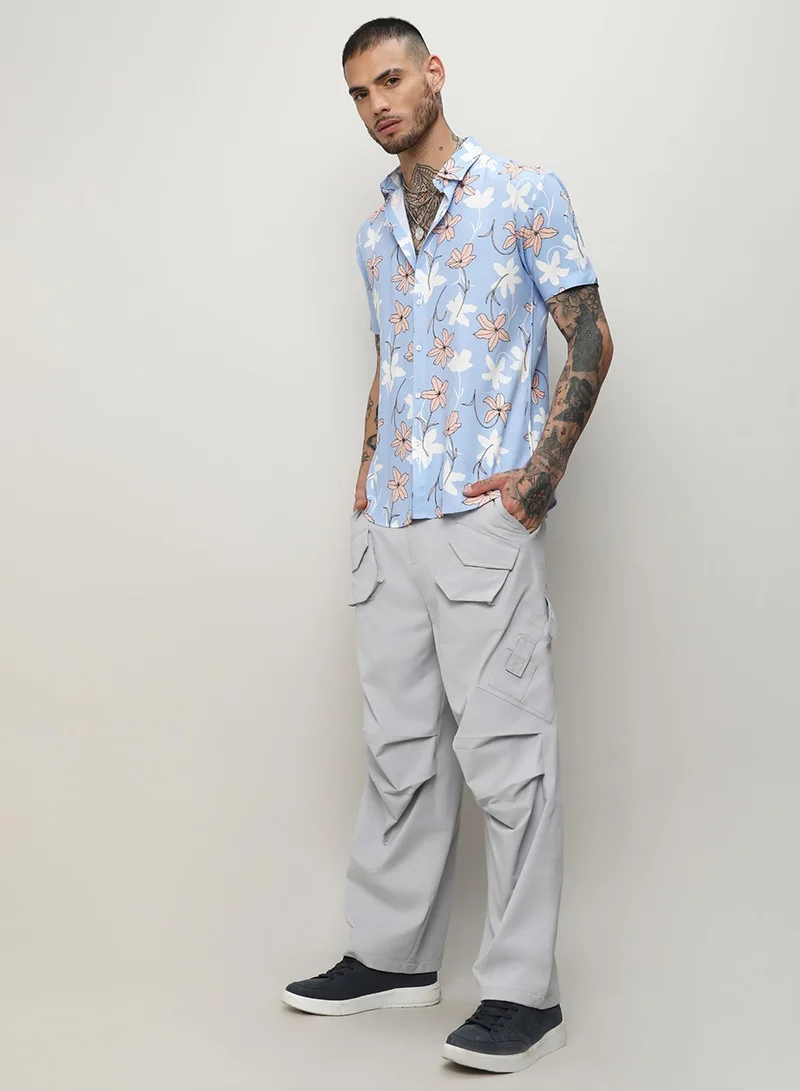 Campus Sutra Men's Sky Blue Airy Flower Shirt