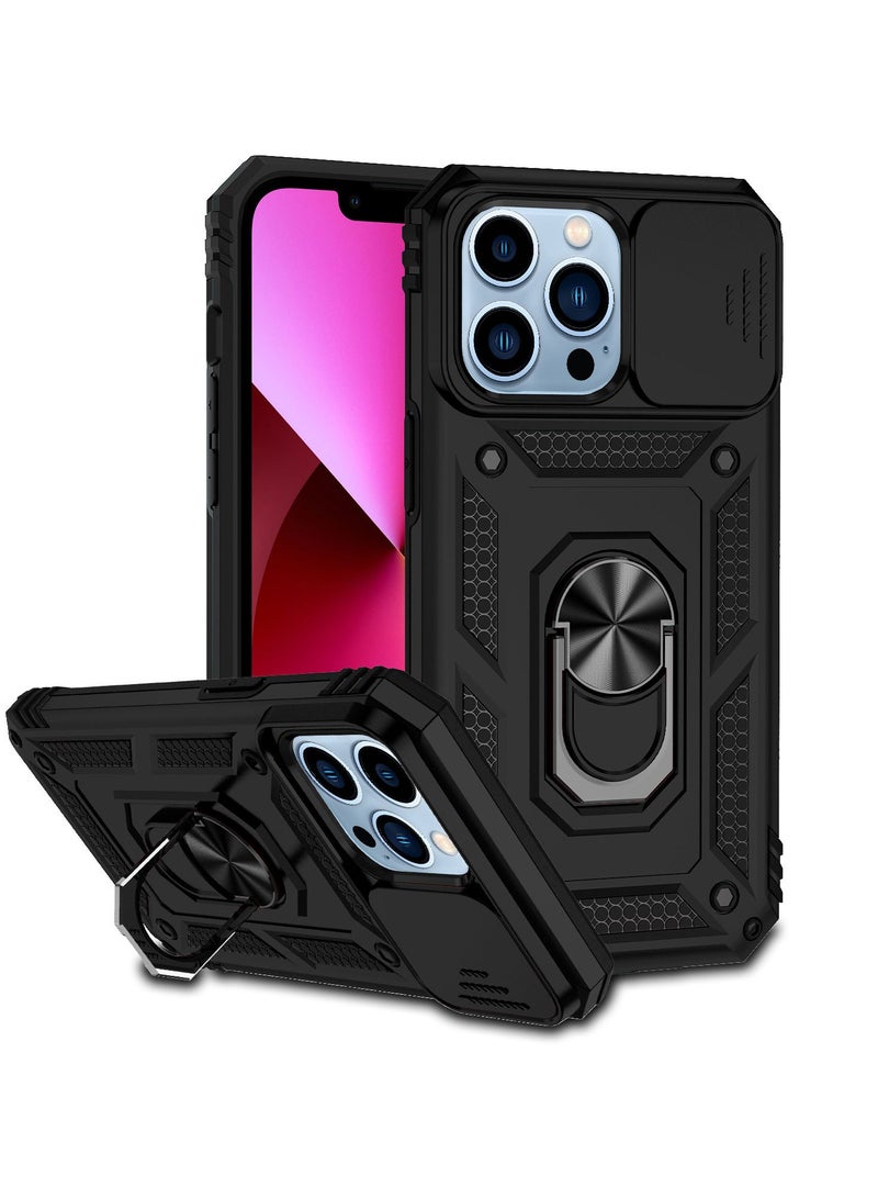 iPhone 15 Pro Black Magnetic Case with Sliding Privacy Cover & 360° Rotating Metal Ring Stand – Full Protection, Anti-Scratch, Shockproof, and Car Mount Compatible - Image 1