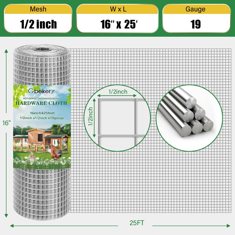 Gbekery Hardware Cloth 1/2 inch 16in x 25ft 19 Gauge, Hot-dip Galvanized After Welding Chicken Wire Mesh Roll Garden Plant Welded Metal Wire Fencing Roll, Rabbit Cages Snake Fence - Image 2