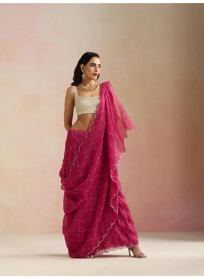 trueBrowns trueBrowns Pink Zari Jaal Embroidered Saree With Unstitched Blouse