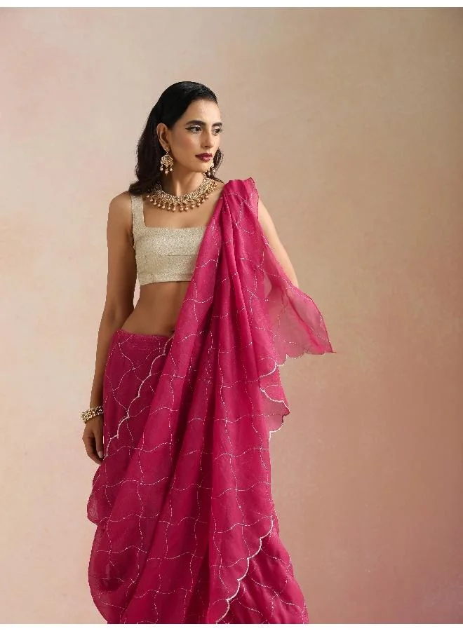 trueBrowns trueBrowns Pink Zari Jaal Embroidered Saree With Unstitched Blouse