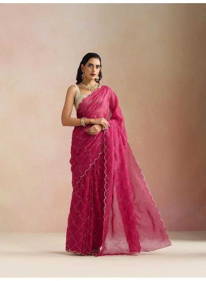 trueBrowns trueBrowns Pink Zari Jaal Embroidered Saree With Unstitched Blouse