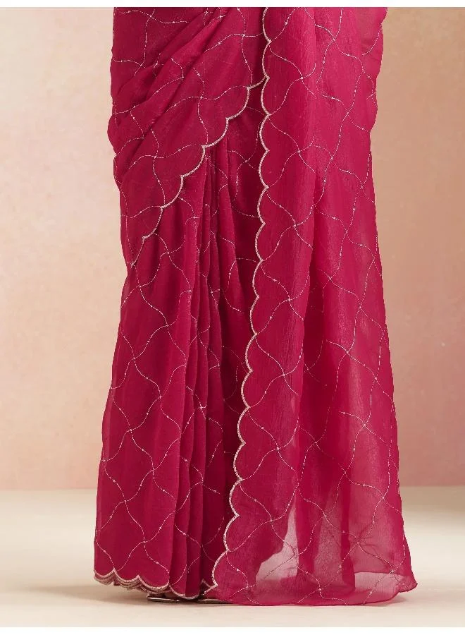 trueBrowns trueBrowns Pink Zari Jaal Embroidered Saree With Unstitched Blouse