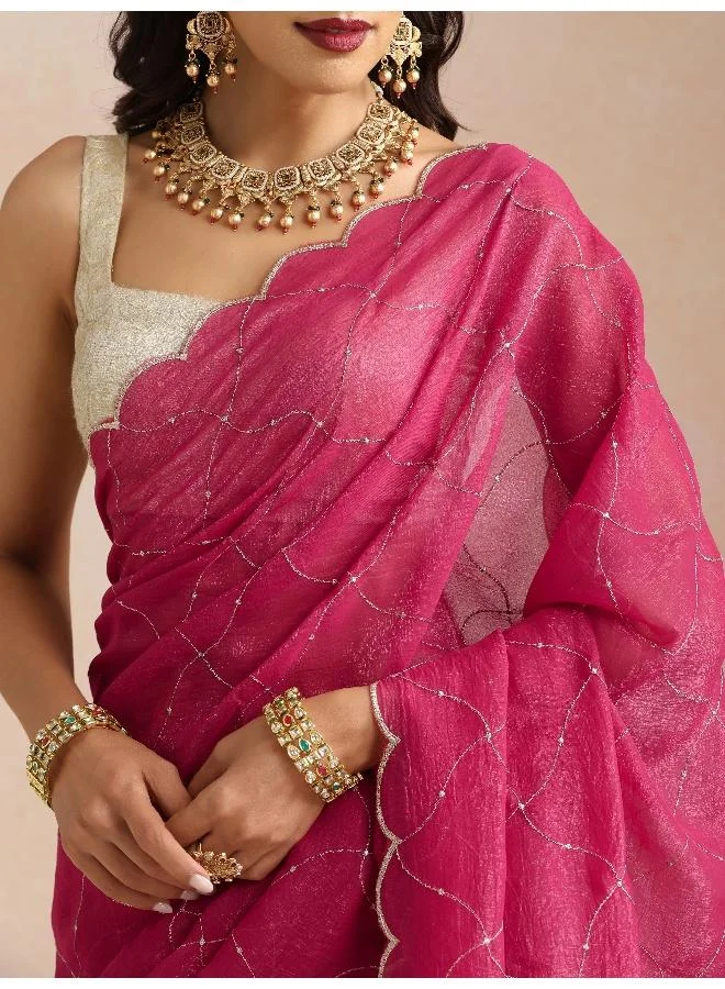 trueBrowns trueBrowns Pink Zari Jaal Embroidered Saree With Unstitched Blouse