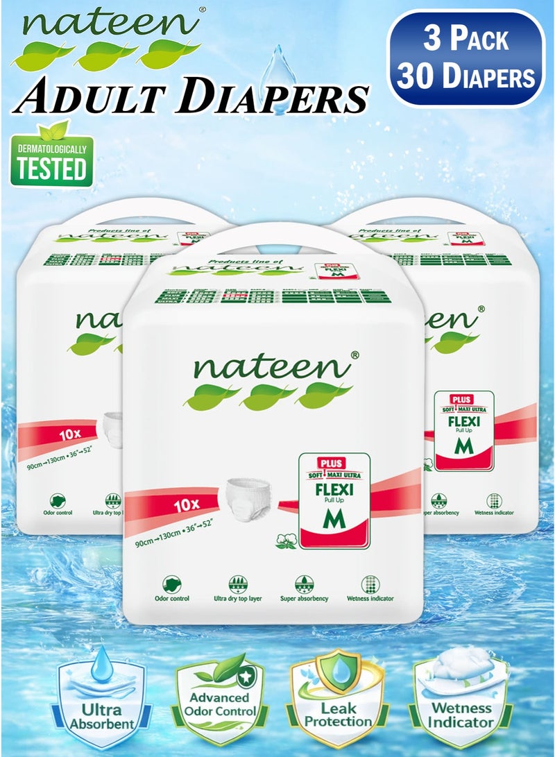 nateen 30 Count Pack of 3 Nateen Flexi Plus Adult Diapers Pants Pull Up, Medium Size M Waist 90–130cm (37–49in), Disposable Incontinence Underwear for Men & Women, Super Absorbent Adult Pull Ups with Leak Protection, Breathable Soft Comfortable Fit, Overnight Protection Up to 2.15L Absorbency - Image 1