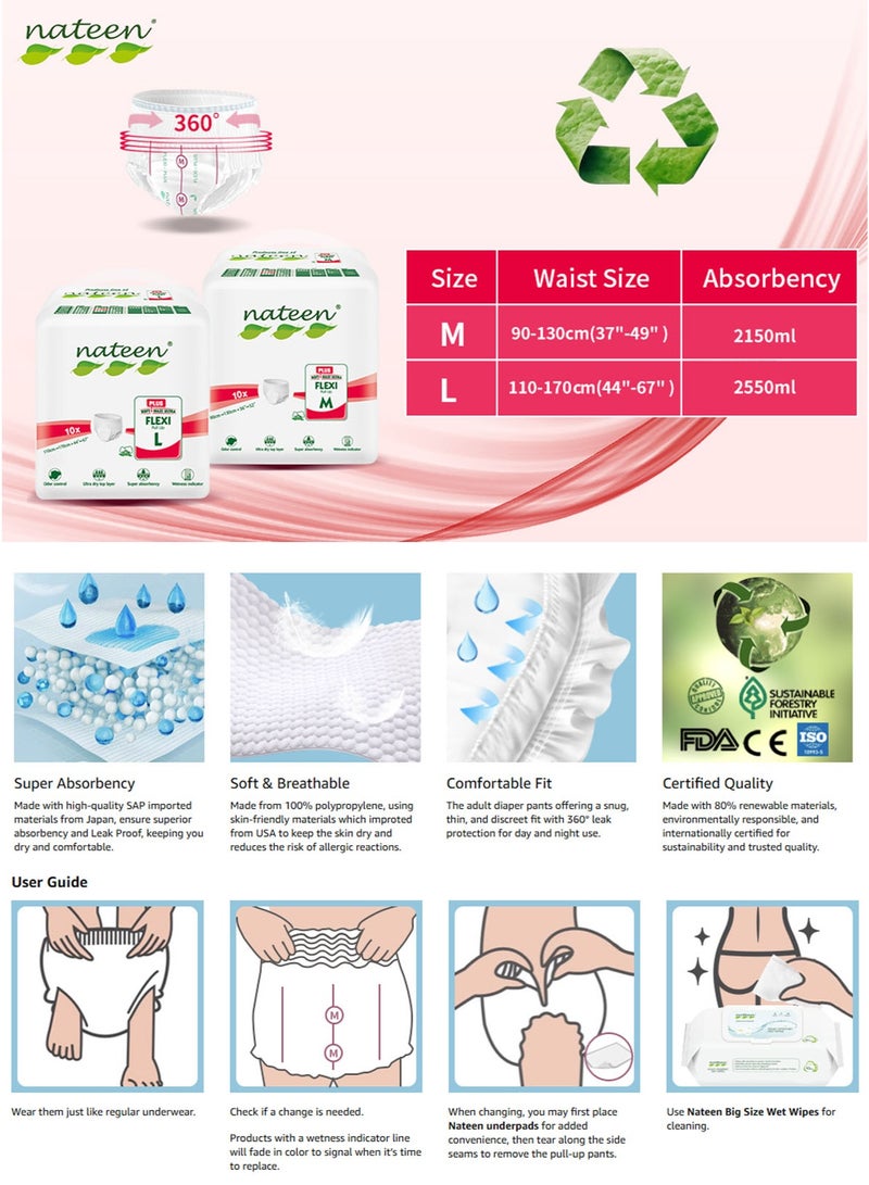 nateen 30 Count Pack of 3 Nateen Flexi Plus Adult Diapers Pants Pull Up, Medium Size M Waist 90–130cm (37–49in), Disposable Incontinence Underwear for Men & Women, Super Absorbent Adult Pull Ups with Leak Protection, Breathable Soft Comfortable Fit, Overnight Protection Up to 2.15L Absorbency - Image 2