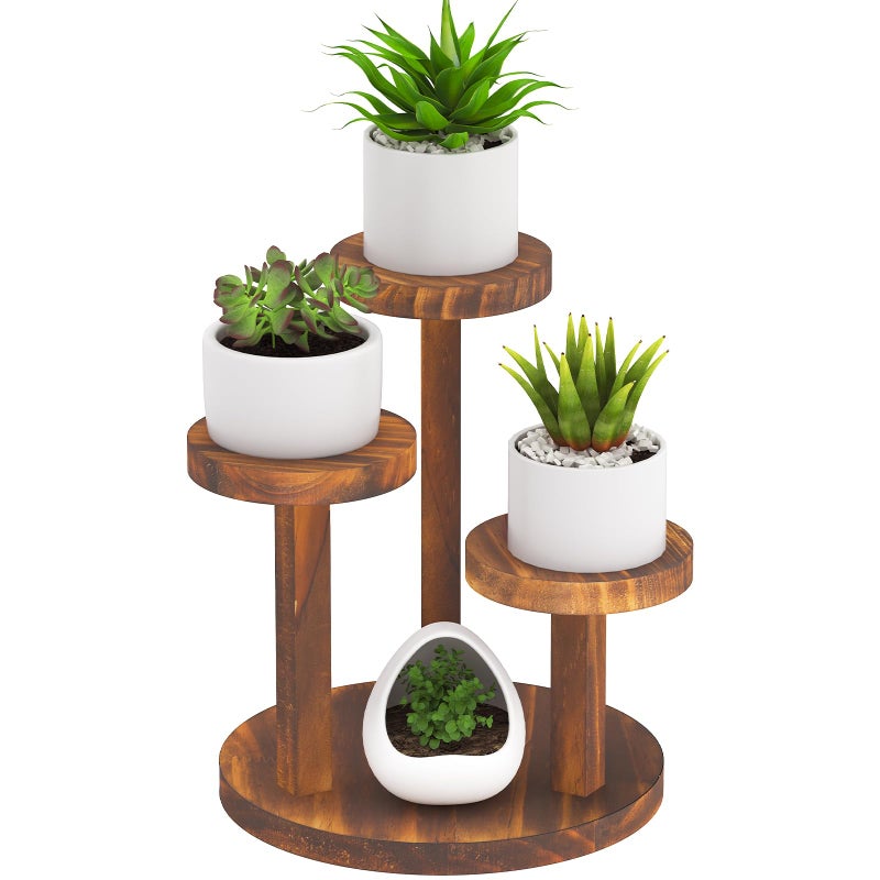 OcBuct 3 Tier Table Top Plant Stand Wooden Round,Small Window Sill Plant Shelf Indoor,Mini Desk Flower Succulent Stand Holder Rack,Little Display Stand for Desktop,Windowsill,Countertop,Kitchen,Oil Painting - Image 1