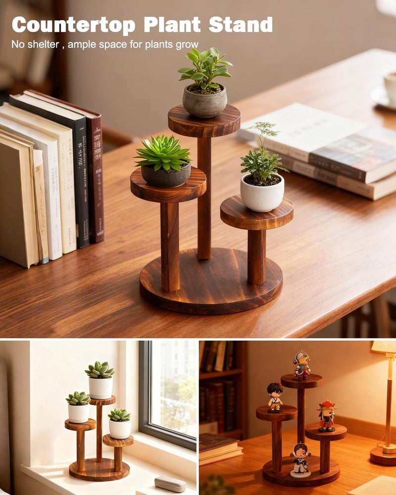 OcBuct 3 Tier Table Top Plant Stand Wooden Round,Small Window Sill Plant Shelf Indoor,Mini Desk Flower Succulent Stand Holder Rack,Little Display Stand for Desktop,Windowsill,Countertop,Kitchen,Oil Painting - Image 5