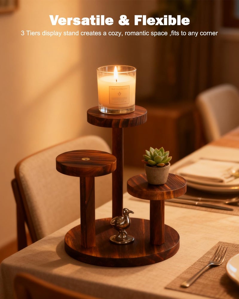 OcBuct 3 Tier Table Top Plant Stand Wooden Round,Small Window Sill Plant Shelf Indoor,Mini Desk Flower Succulent Stand Holder Rack,Little Display Stand for Desktop,Windowsill,Countertop,Kitchen,Oil Painting - Image 4