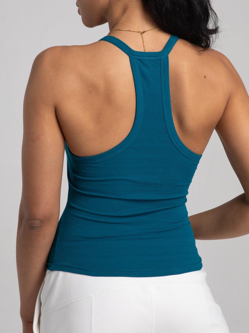 Danysu V Neck Racerback Tank Top for Women with Built in Bra Ribbed Long Tank Fitted Basic Cami Tops Ocean Depths M - Image 2