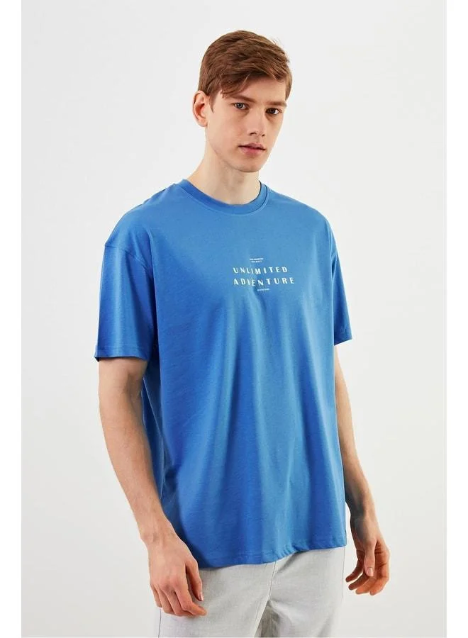 Mmetalic Leo Men's Oversized Basic Blue T-Shirt 100% Cotton Crew Neck with Print Detail
