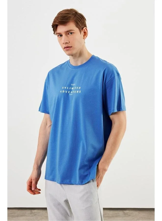 Mmetalic Leo Men's Oversized Basic Blue T-Shirt 100% Cotton Crew Neck with Print Detail