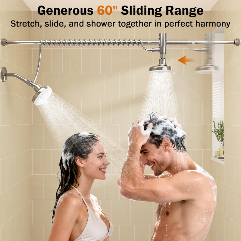 Huytrw Dual Shower Head with Original Adjustable Slider, High Pressure Double Shower Head for Two People Rod, 2 Showerhead System for Couples, Renter-Friendly, SPA-Like, Gift for Women Men, Chrome - Image 2