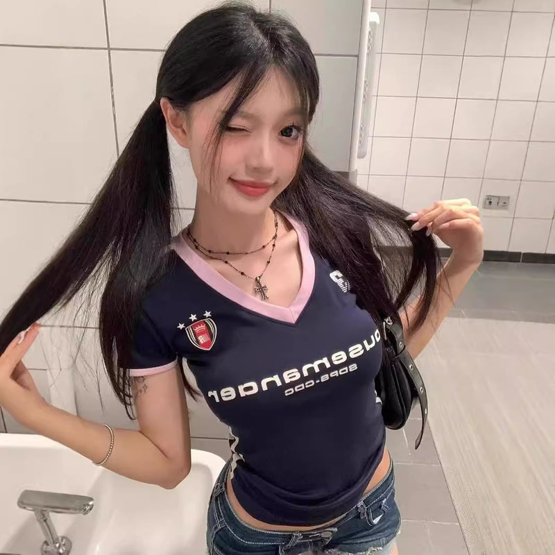 American Retro Y2K Raglan Sleeve Sports Short-Sleeved T-Shirt For Women Short Slim Summer V Neck Right Shoulder Top For Women - Image 3