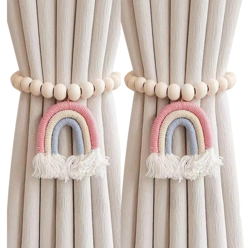 2PCS Curtain Tie Backs Curtain Tiebacks with Rainbow Tassel Pendant Wooden Beaded Tie Backs for Curtains No Punching Curtain Holdbacks Window Treatment for Bedroom Nursery Farmhouse Boho Decor