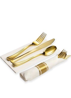 BEST PACK 12 pcs Golden Plastic Cutlery Set with Wrapped White Napkins Disposable Elegant Flatware Includes Forks, Knives, Spoons - Perfect for Parties, Weddings, Dinners - Durable, Fancy Tableware  - Image 1