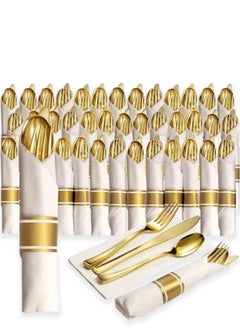 BEST PACK 12 pcs Golden Plastic Cutlery Set with Wrapped White Napkins Disposable Elegant Flatware Includes Forks, Knives, Spoons - Perfect for Parties, Weddings, Dinners - Durable, Fancy Tableware  - Image 2