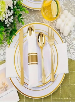 BEST PACK 12 pcs Golden Plastic Cutlery Set with Wrapped White Napkins Disposable Elegant Flatware Includes Forks, Knives, Spoons - Perfect for Parties, Weddings, Dinners - Durable, Fancy Tableware  - Image 3