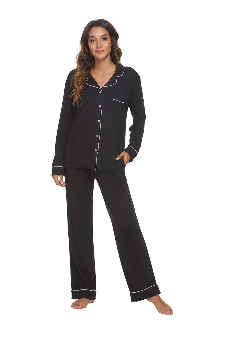 HEARTNICE Womens Pajama Set, Long Sleeve Pajamas & Long Pants with Pockets, Warm Button-up Sleepwear Lounge Pjs (Black, L) - Image 1