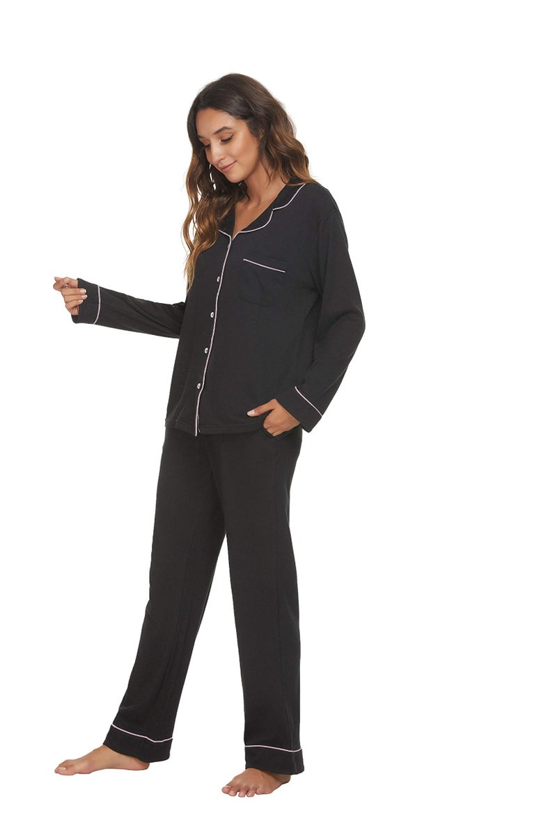 HEARTNICE Womens Pajama Set, Long Sleeve Pajamas & Long Pants with Pockets, Warm Button-up Sleepwear Lounge Pjs (Black, L) - Image 2