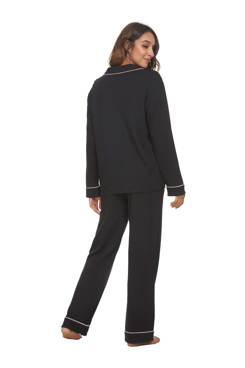 HEARTNICE Womens Pajama Set, Long Sleeve Pajamas & Long Pants with Pockets, Warm Button-up Sleepwear Lounge Pjs (Black, L) - Image 3