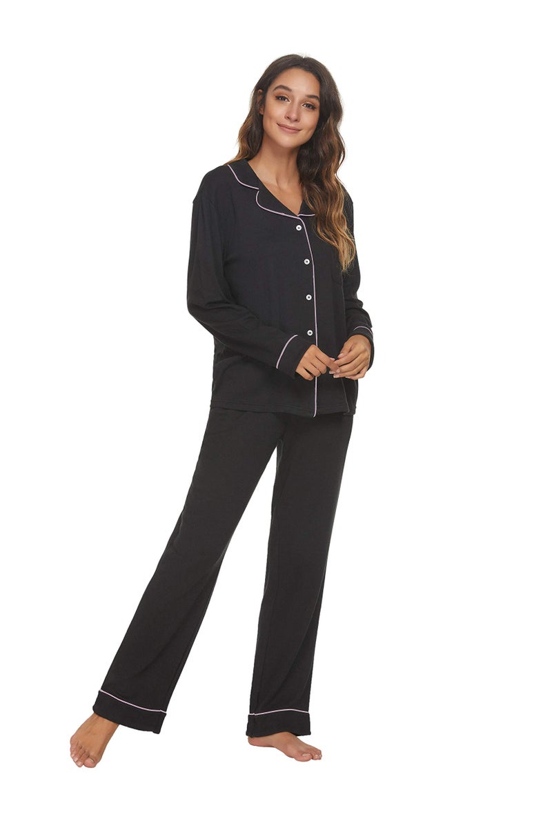 HEARTNICE Womens Pajama Set, Long Sleeve Pajamas & Long Pants with Pockets, Warm Button-up Sleepwear Lounge Pjs (Black, L) - Image 5