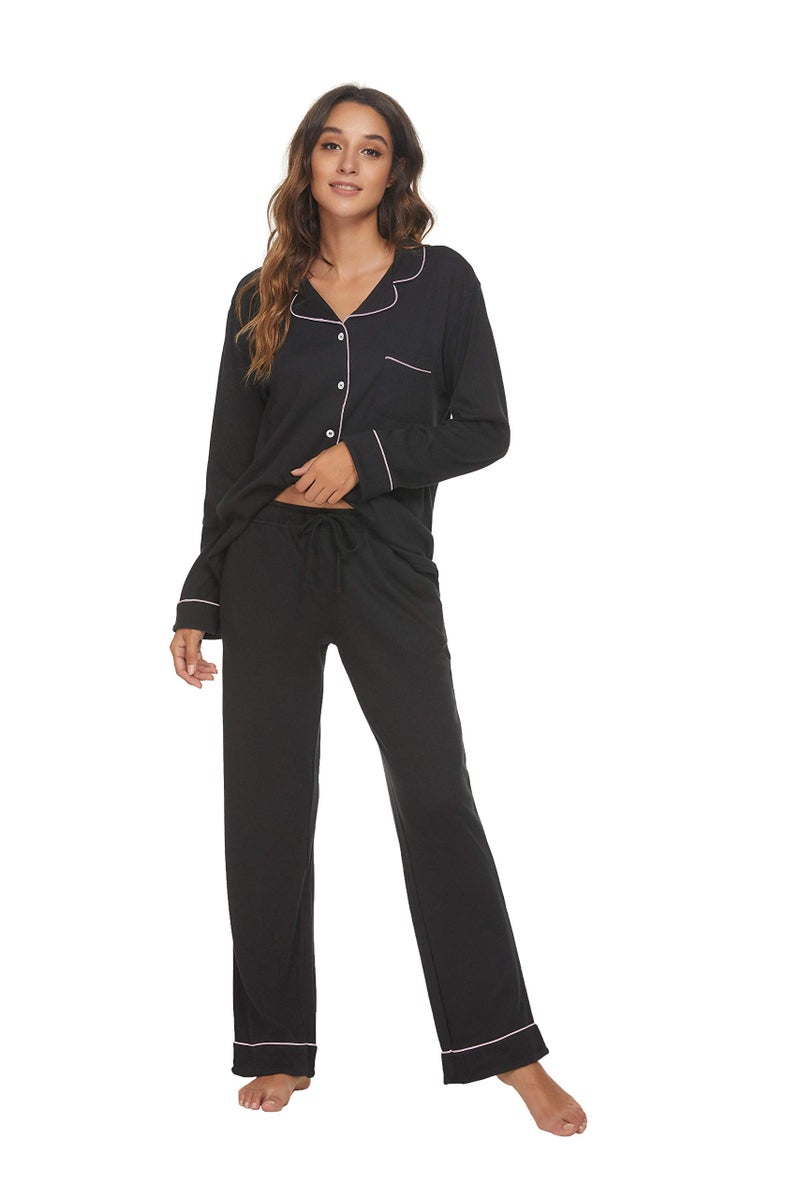 HEARTNICE Womens Pajama Set, Long Sleeve Pajamas & Long Pants with Pockets, Warm Button-up Sleepwear Lounge Pjs (Black, L) - Image 4