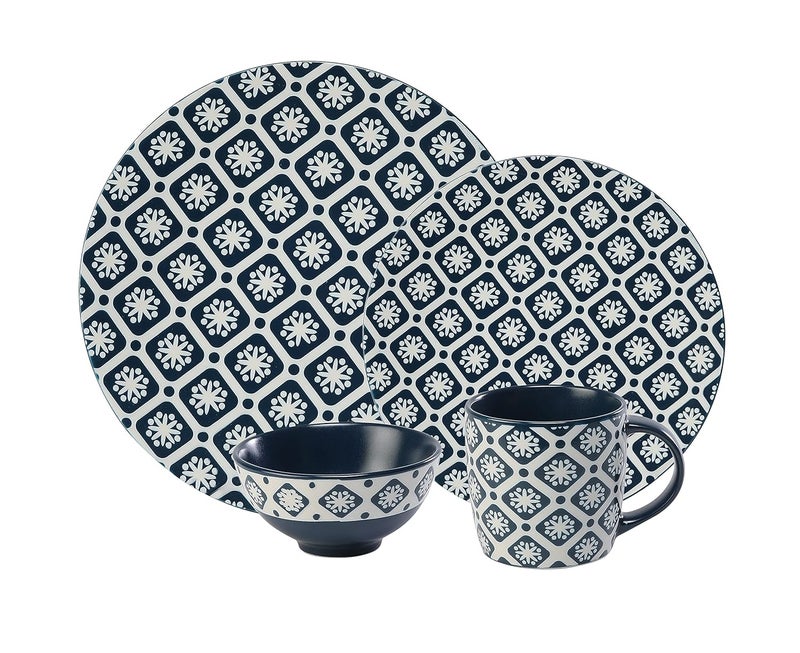 Hitkari Porcelain Cinnaflower Indigo Dinner Set 16 Pcs Modern Trendy Design Designed in Indiafor Home KitchenBlue Dishwasher Safe Microweb Safe