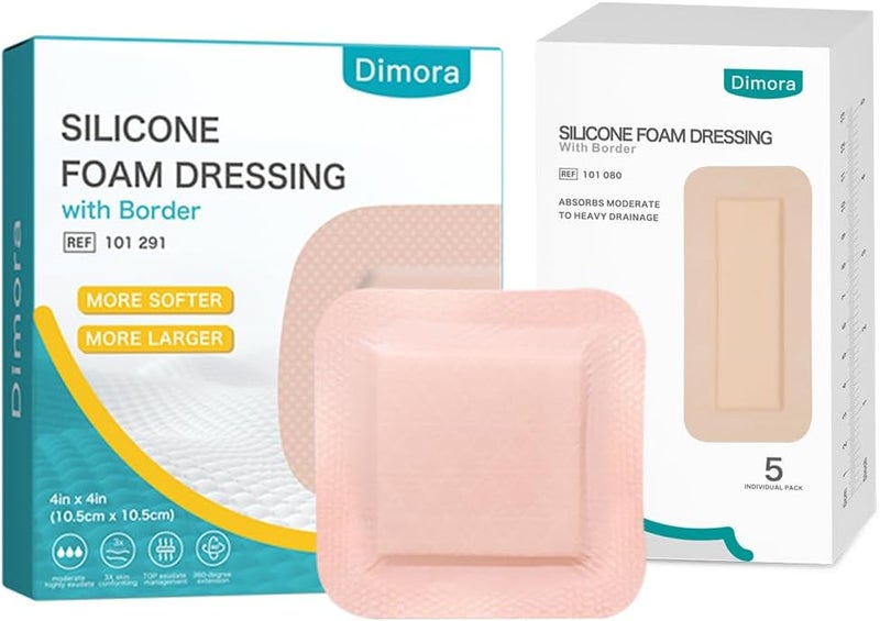 Dimora Silicone Foam Dressing with Border Adhesive 4x8  Ultra Soft Silicone Foam Dressing 4x4 - Image 1