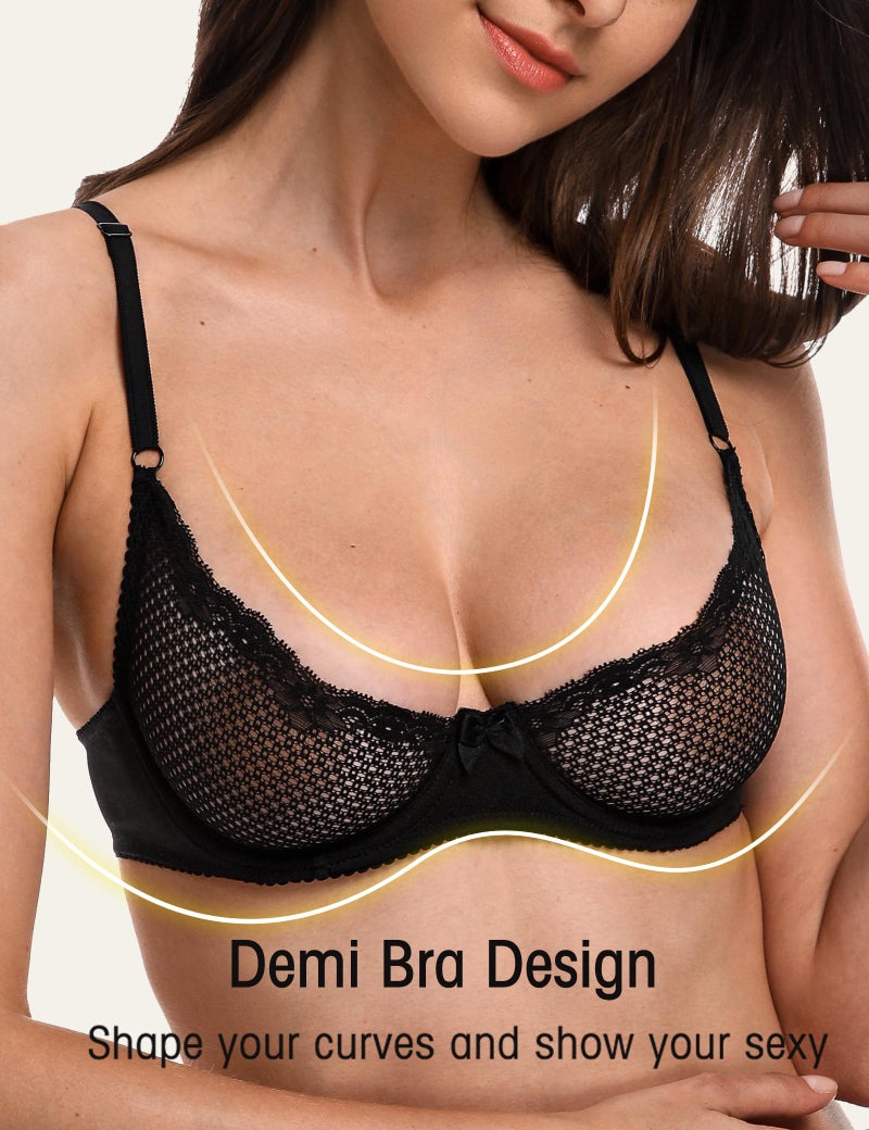 Wingslove Women's Sexy 1/2 Cup Lace Bra Balconette Mesh Underwired Demi Shelf Bra Unlined See Through Bralette (Black, 34B) - Image 2