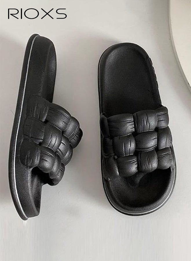 RIOXS Women's Cloud Slippers, Soft Lightweight Braided Cloud Slides Strap Sandals, Non-Slip Quick Drying Open Toe Shower Slides, Comfortable Thick Sole Open Toe Sandals, Slip On Womens Slippers for Outdoor Or Indoor Use, Black - Image 1