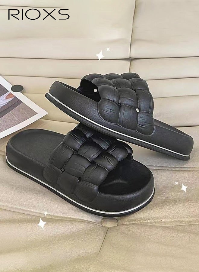 RIOXS Women's Cloud Slippers, Soft Lightweight Braided Cloud Slides Strap Sandals, Non-Slip Quick Drying Open Toe Shower Slides, Comfortable Thick Sole Open Toe Sandals, Slip On Womens Slippers for Outdoor Or Indoor Use, Black - Image 2
