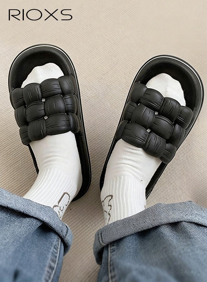 RIOXS Women's Cloud Slippers, Soft Lightweight Braided Cloud Slides Strap Sandals, Non-Slip Quick Drying Open Toe Shower Slides, Comfortable Thick Sole Open Toe Sandals, Slip On Womens Slippers for Outdoor Or Indoor Use, Black - Image 4