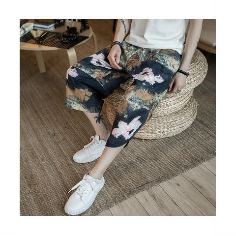 Summer Linen Shorts Men Casual Loose Chinese Style A099 Lotus  - Image 1