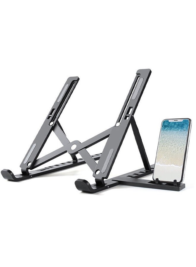 Adjustable Height Laptop Stand with Phone Holder, 10 Levels, Foldable and Portable, Black - Image 1