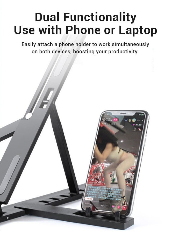 Adjustable Height Laptop Stand with Phone Holder, 10 Levels, Foldable and Portable, Black - Image 5