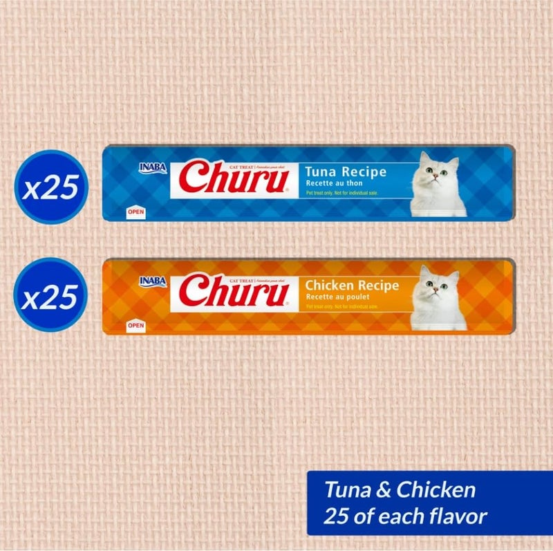 INABA Churu Cat Treats, Grain-Free, Lickable, Squeezable Creamy Purée Cat Treat/Topper, 25 Tuna & 25 Chicken - Image 3